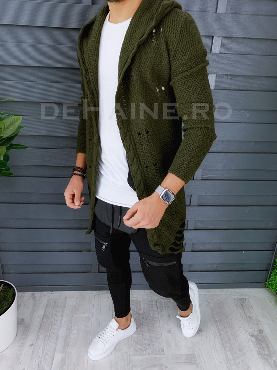 Cardigan barbati kaki cu gluga slim fit zr t3559 /u